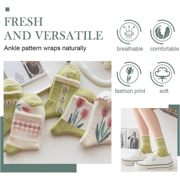❤️Womens Floral Socks Cotton Vintage Embroidered Casual Crew Girly Dress Socks - Picture 3 of 7